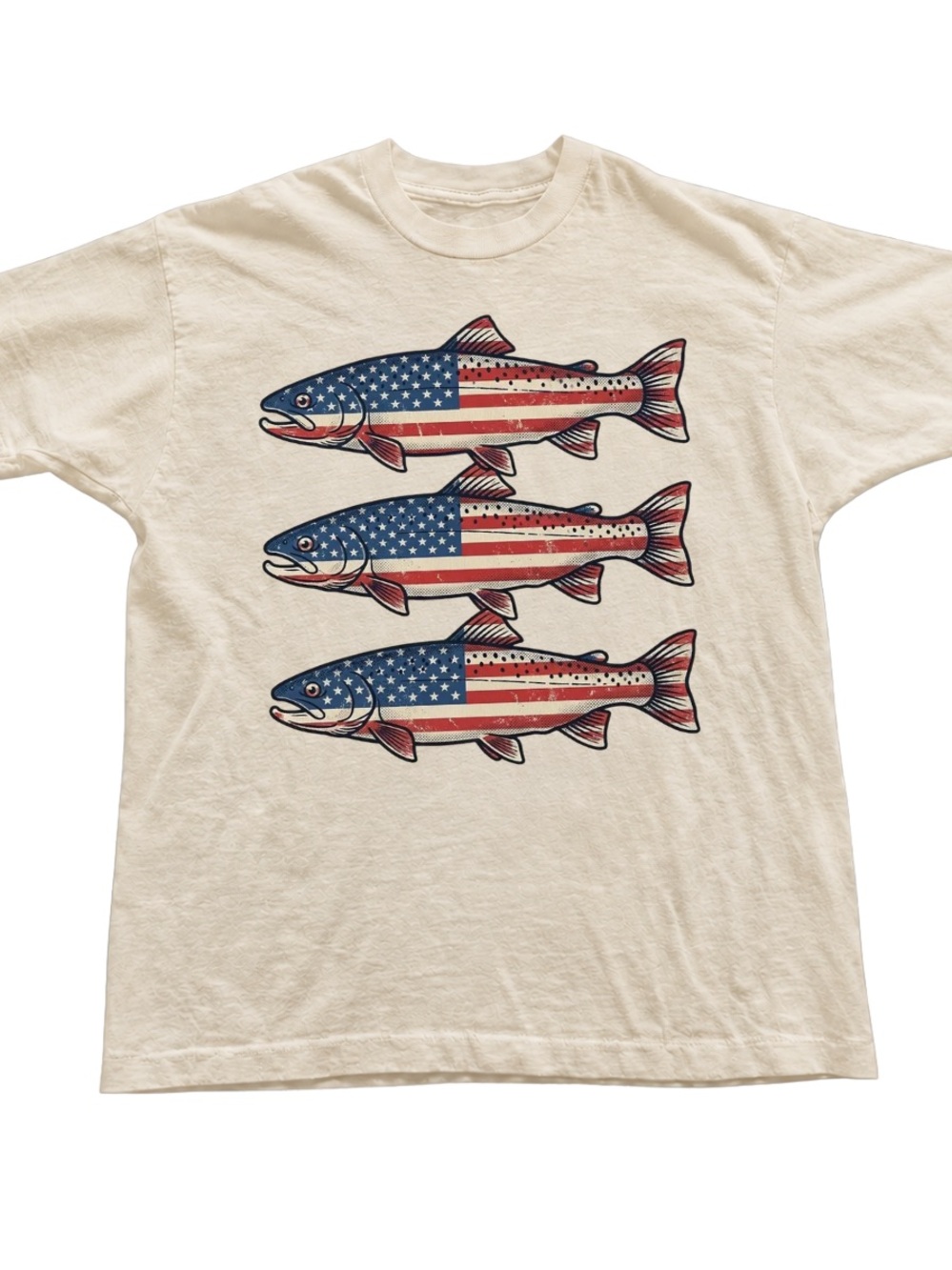 Off White Short Sleeve Tee with American Flag Trout Graphic